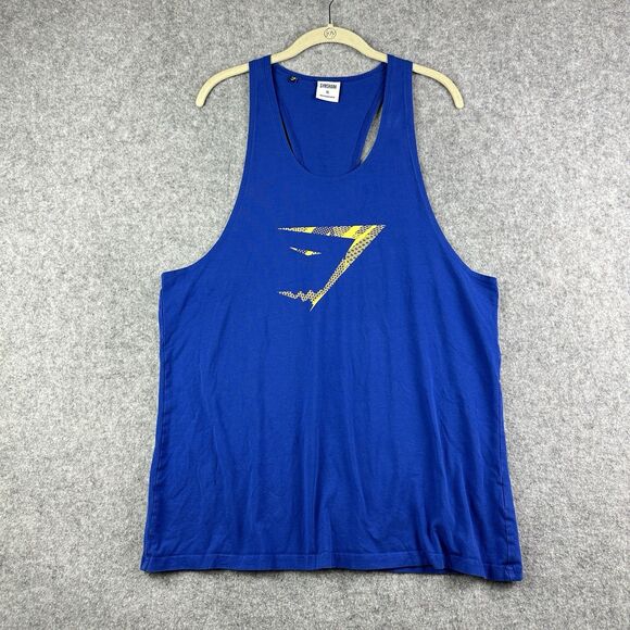 Gymshark Infill Stringer Tank Shirt Mens XL Blue Graphic Logo Racerback Workout - Picture 1 of 12